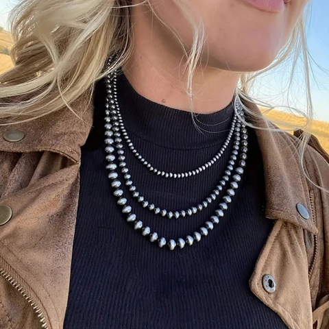 Navajo Style Artificial Pearl Beaded Necklace For Men Women Vintage Brushed Metal Round Bead Stainless Steel Chain Western Cowboy Jewelry