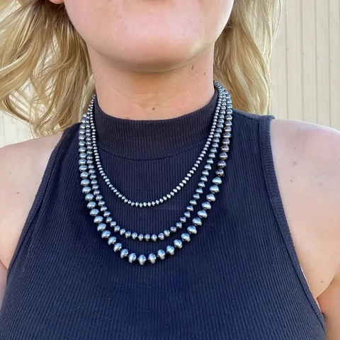 Navajo Style Artificial Pearl Beaded Necklace For Men Women Vintage Brushed Metal Round Bead Stainless Steel Chain Western Cowboy Jewelry