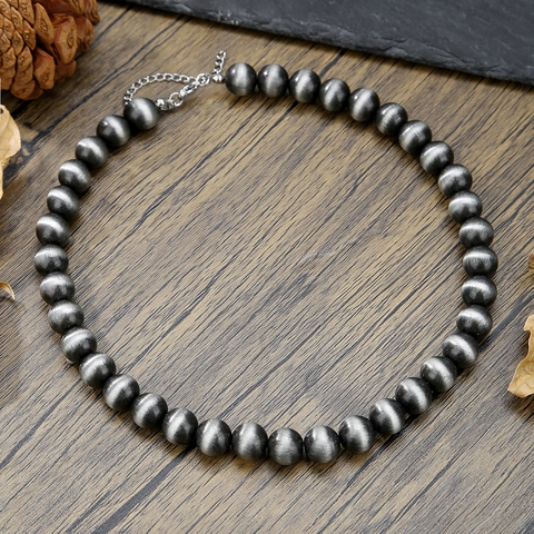 Navajo Style Artificial Pearl Beaded Necklace For Men Women Vintage Brushed Metal Round Bead Stainless Steel Chain Western Cowboy Jewelry