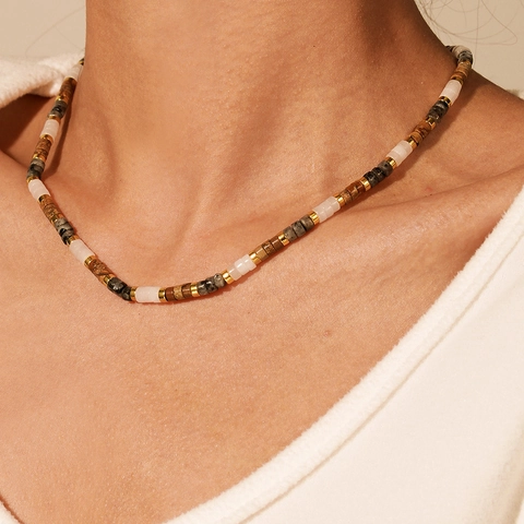 Boho Handmade Natural Stone Beaded Necklace French Vintage Color Clashing Cylindrical Bead Choker With Zirconia For Women