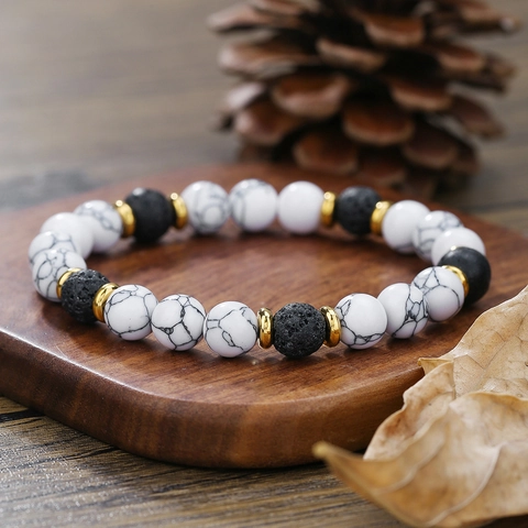 Bracciale Elastico in Pietra Naturale Fatto a Mano per Uomo Donna Pietra Lavica Turchese Bianco Ciondolo Malocchio Gioielli Etnici