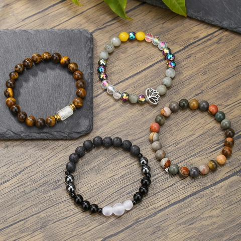 Natural Stone Beaded Bracelet For Women Men Yoga Healing Elastic Bracelet With Lotus Pendant Tiger Eye Crystal Beads Jewelry