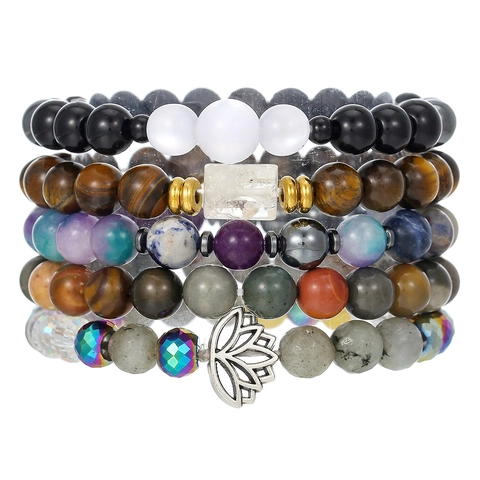 Natural Stone Beaded Bracelet For Women Men Yoga Healing Elastic Bracelet With Lotus Pendant Tiger Eye Crystal Beads Jewelry
