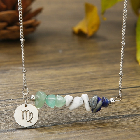 Stainless Steel Natural Stone Chips Zodiac Pendant Necklace For Women Retro Bohemian Constellation Jewelry Gift