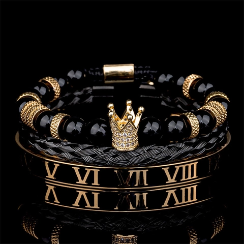 Set di Bracciali Punk Hip Hop da Uomo Bracciale Rigido con Numeri Romani in Acciaio Inossidabile Corona di Zirconia Intarsiata in Rame Gioielli