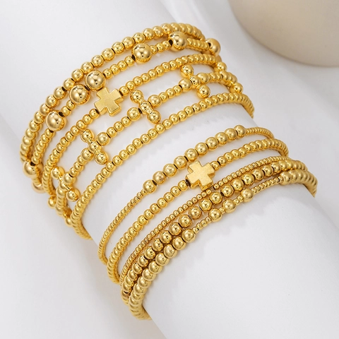 Bohemian Layered Beaded Bracelet Set For Women Fashion Gold Silver Plated Cross Pendant Elastic Stackable Charm Jewelry