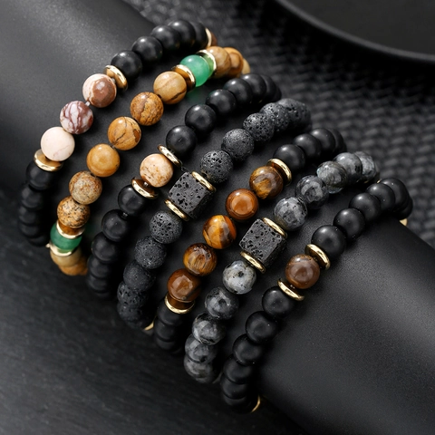 Heren Natuursteen Kralen Armband Met Vulkanische Lavasteen Tijgeroog Kralen Punk Vintage Stijl Elastische Sieraden Voor Mannen