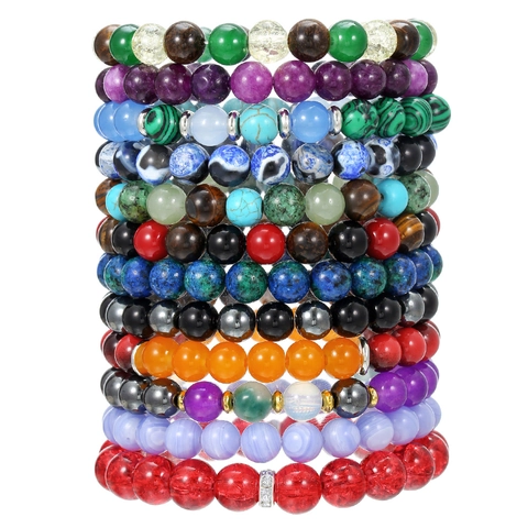 Handgemaakte Natuursteen Kralen Armband Met Metalen Hanger Elastische Sieraden Voor Dames Heren Genezing Yoga Armband Cadeau