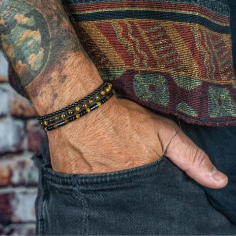 Men's Handmade Tiger Eye Black Agate Beaded Bracelet Set Multi Layer Retro Bohemian Braided Fashion Jewelry Bracelet
