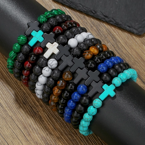 Natuursteen Kralen Armband Met Zwarte Kruis Hanger Voor Heren Dames Lavasteen Tijgeroog Religieuze Elastische Sieraden