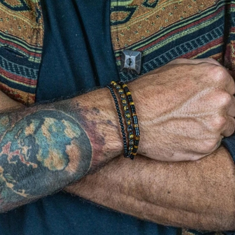 Men's Handmade Tiger Eye Black Agate Beaded Bracelet Set Multi Layer Retro Bohemian Braided Fashion Jewelry Bracelet