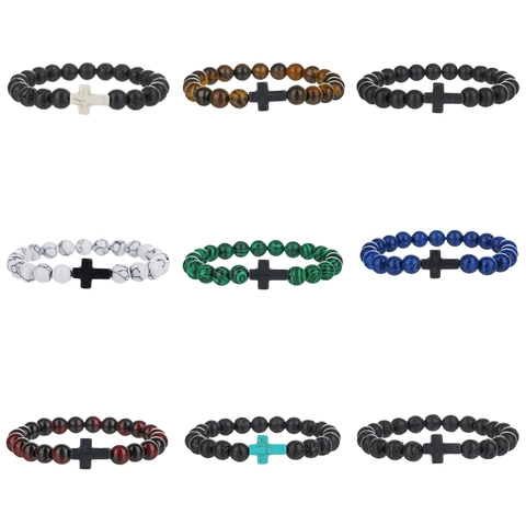 Natuursteen Kralen Armband Met Zwarte Kruis Hanger Voor Heren Dames Lavasteen Tijgeroog Religieuze Elastische Sieraden
