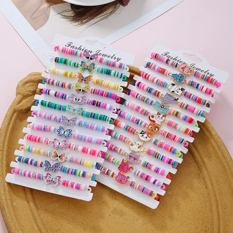 Handgemachte Bunte Polymerton Heishi Perlen Armband Kollektion Für Kinder Legierung Emaille Cartoon Tier Schmetterling Schmuck