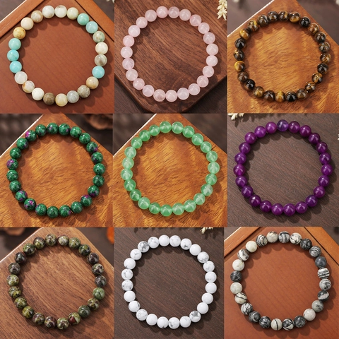 Natural Stone Beaded Bracelet Vintage Ethnic Style Tiger Eye Rose Quartz Amethyst Healing Energy Unisex Bracelet Jewelry