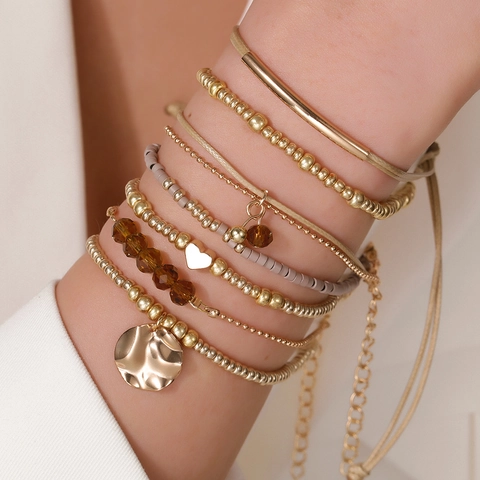 Bohemian Layered Bracelet Set For Women Alloy Glass Beads Heart Starfish Evil Eye Charms Stackable Beach Vacation Jewelry