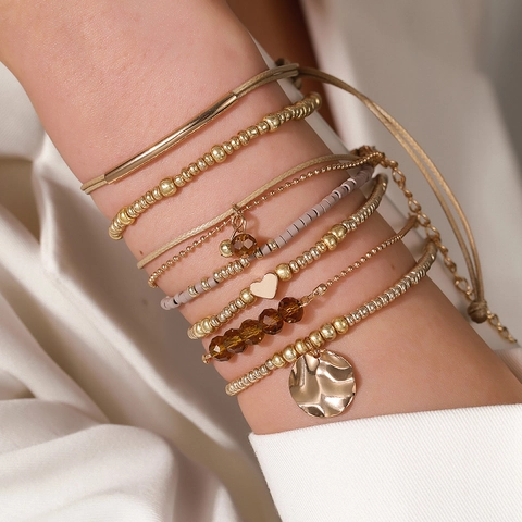 Bohemian Layered Bracelet Set For Women Alloy Glass Beads Heart Starfish Evil Eye Charms Stackable Beach Vacation Jewelry