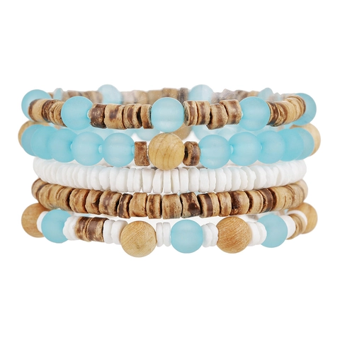 Bohemian Beaded Bracelet Stacked Wood Shell Elastic Layered Beach Vacation Jewelry For Men Women Daily Decorative Wristband