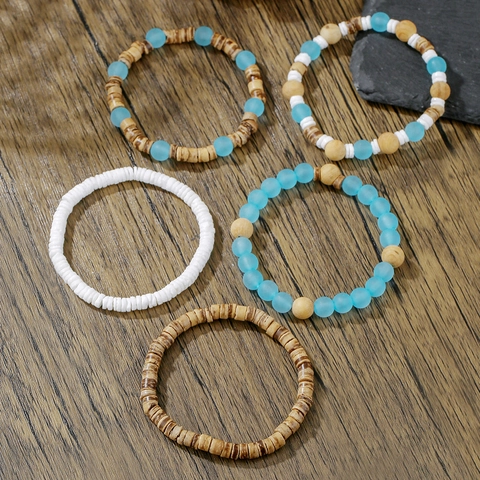 Bohemian Beaded Bracelet Stacked Wood Shell Elastic Layered Beach Vacation Jewelry For Men Women Daily Decorative Wristband