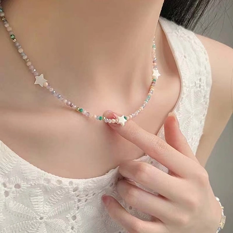 Colorful Beaded Star Necklace For Women Sweet Pastel Glass Bead Star Pendant Choker Handmade Korean Style Summer Beach Jewelry Gift