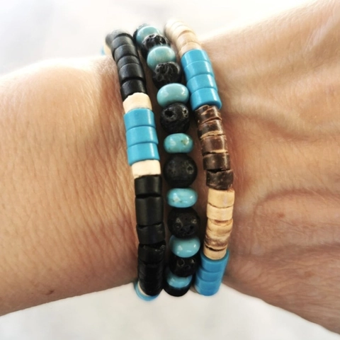 Pulsera Étnica Vintage de Cuentas de Madera Piedra Volcánica Turquesa Artificial para Hombre Bohemio Apilable Joyería Hecha a Mano Regalo