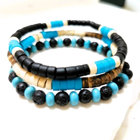 Pulsera Étnica Vintage de Cuentas de Madera Piedra Volcánica Turquesa Artificial para Hombre Bohemio Apilable Joyería Hecha a Mano Regalo