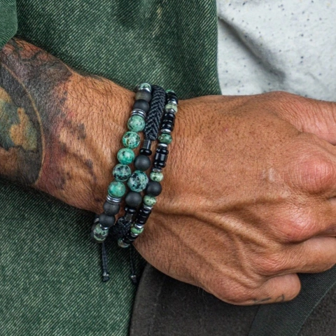 Retro Herren Naturstein Perlen Armband Legierung Geflochtenes Seil Schichtarmband Afrikanischer Türkis Schwarz Onyx Schmuck