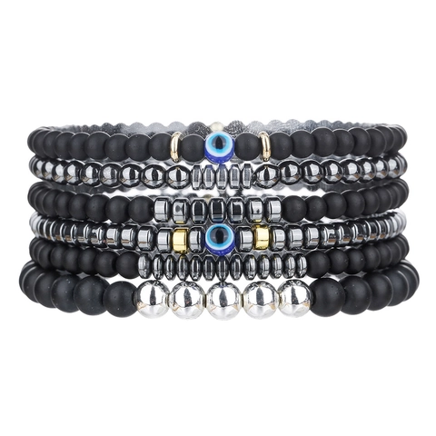 Natuursteen Kralen Armband Set Voor Heren Dames Mat Zwart Agaat Lavasteen Boze Oog Handgemaakt Hip Hop Sieraden Cadeau