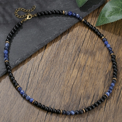 Bohemian Natural Stone Beaded Necklace For Men Retro Lava Stone Black Agate Blue Spot Stone Beaded Strand Necklace Vacation Jewelry