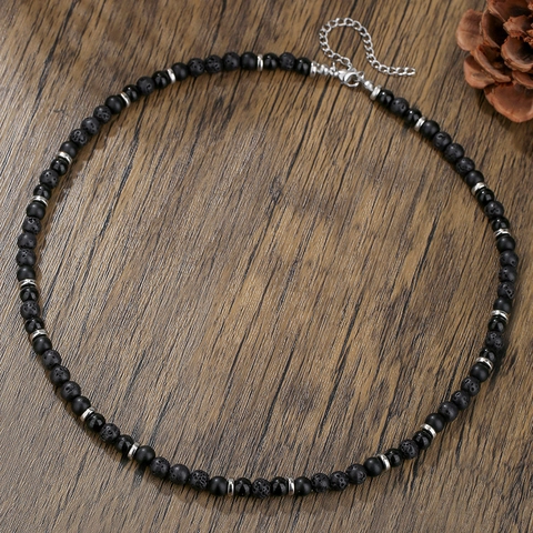 Bohemian Natural Stone Beaded Necklace For Men Retro Lava Stone Black Agate Blue Spot Stone Beaded Strand Necklace Vacation Jewelry