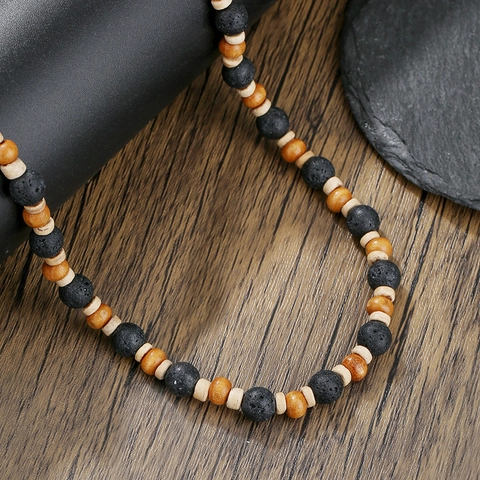 Handmade Lava Stone Wood Beaded Necklace For Men Women Ethnic Bohemian Coconut Shell Adjustable Vacation Jewelry Gift