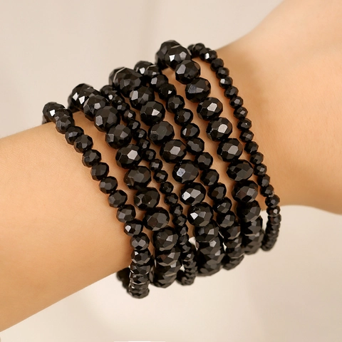 Bracelets de Perles en Cristal Facetté Noir Multicouches Bohème Pour Femmes Hommes Bijoux Élastiques Empilables Minimalistes