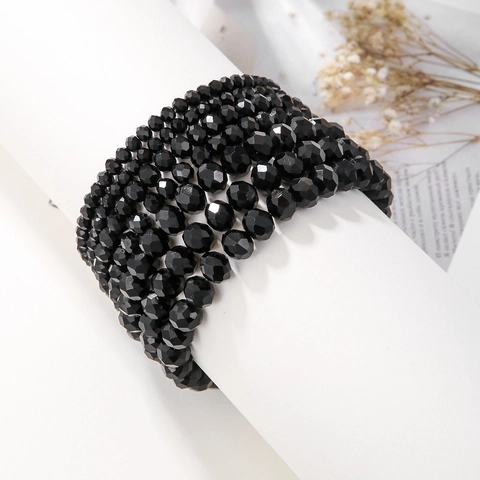 Bracelets de Perles en Cristal Facetté Noir Multicouches Bohème Pour Femmes Hommes Bijoux Élastiques Empilables Minimalistes