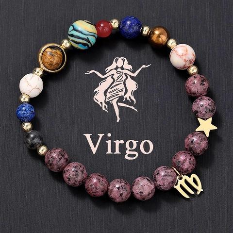 Natural Stone Galaxy Solar System Bracelet Stainless Steel Zodiac Constellation Charm Handmade Beaded Elastic Bracelet For Women Jewelry