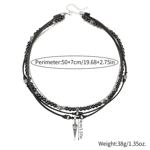 Collier Multi-couches en Cuir Perlé pour Hommes Style Ethnique Vintage Pendentif Triangle Avec Perles d'Agate Noire Bijoux en Alliage