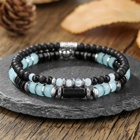 Men's Handmade Black Onyx Lava Stone Beaded Bracelet Set Bohemian Vintage Natural Stone Elastic Strand Bracelets Jewelry
