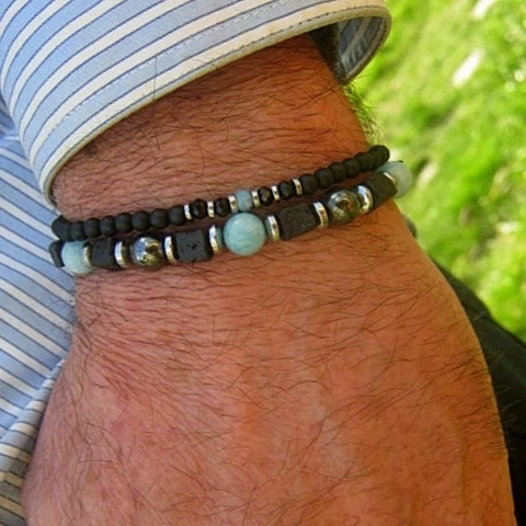 Men's Handmade Black Onyx Lava Stone Beaded Bracelet Set Bohemian Vintage Natural Stone Elastic Strand Bracelets Jewelry