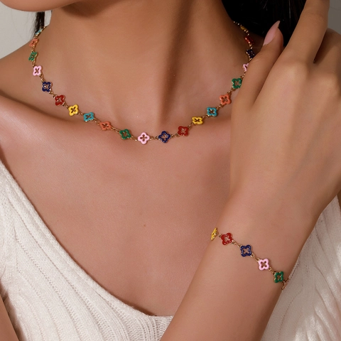 Glück Vierblättriges Kleeblatt Halskette Edelstahl Mehrfarbig Emaille Anhänger Kette Vergoldet Minimalistischer Modeschmuck Damen