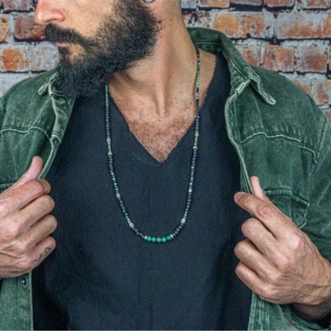 Bohemian Men Beaded Necklace Vintage Lava Stone African Pine Handmade Long Strand Ethnic Jewelry For Men Daily Accessories