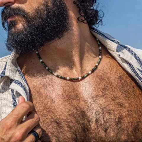Collana Bohemian in Legno e Turchese con Perline per Uomo Choker Retro in Guscio di Cocco e Künstliche Perle Gioielli Tribal Fatti a Mano