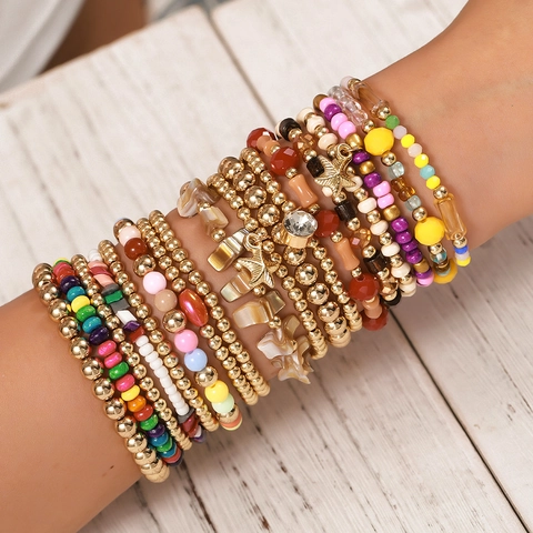 Bohemian Perlenarmbänder Kollektion Holz Stein Legierung Seestern Stern Anhänger Handgefertigt Strand Urlaub Ethnisch Damen