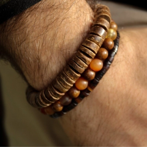 Men's Retro Multi-layer Beaded Bracelet Natural Wood Beads Coconut Shell Agate Stone Elastic Strand Bracelet Bohemian Jewelry Gift