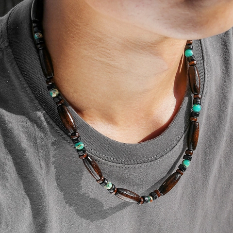 Bohemian Vintage Wood Beads Turquoise Beaded Necklace For Men Handmade Ethnic Summer Beach Surf Long Chain Necklace