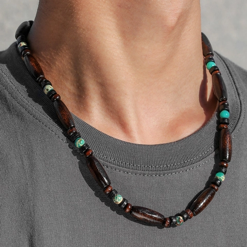 Bohemian Vintage Wood Beads Turquoise Beaded Necklace For Men Handmade Ethnic Summer Beach Surf Long Chain Necklace