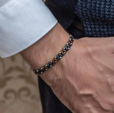 Heren Hematiet Kralen Armband Modern Industrieel Geometrisch Steen Armband Minimalistisch Hip Hop Elastisch Handgemaakte Sieraden