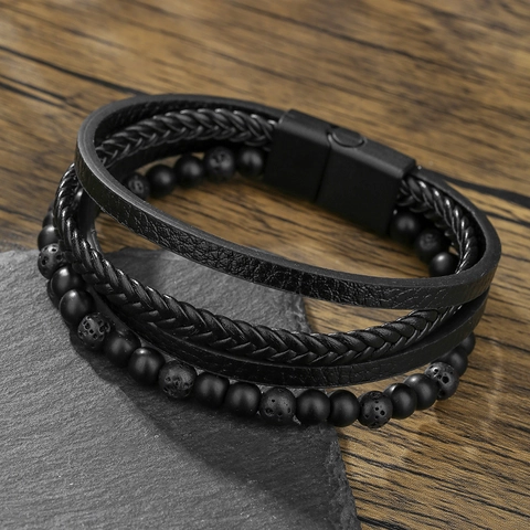 Heren Vintage Meerdere Lagen Leer Gevlochten Armband Met Natuurlijk Tijgeroog Lavasteen Sneeuwvlok Obsidiaan Kralen Magneetsluiting Retro Sieraden