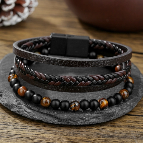 Heren Vintage Meerdere Lagen Leer Gevlochten Armband Met Natuurlijk Tijgeroog Lavasteen Sneeuwvlok Obsidiaan Kralen Magneetsluiting Retro Sieraden