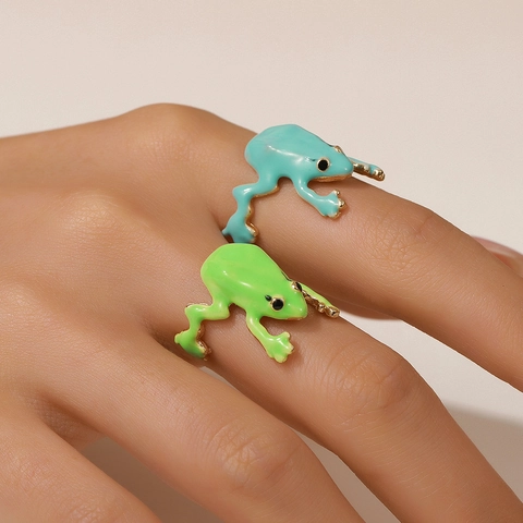 Funny Frog Enamel Open Ring For Women Adjustable Animal Shape Green Blue Alloy Statement Ring Quirky Fashion Jewelry Finger Ring