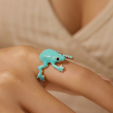 Funny Frog Enamel Open Ring For Women Adjustable Animal Shape Green Blue Alloy Statement Ring Quirky Fashion Jewelry Finger Ring