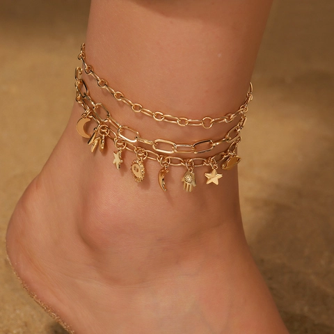 Tobillera de Varias Capas de Aleación Bañada en Oro Bohemio Con Colgantes de Corazón Luna Estrella Sol Saturno Joyería Ajustable de Mujer