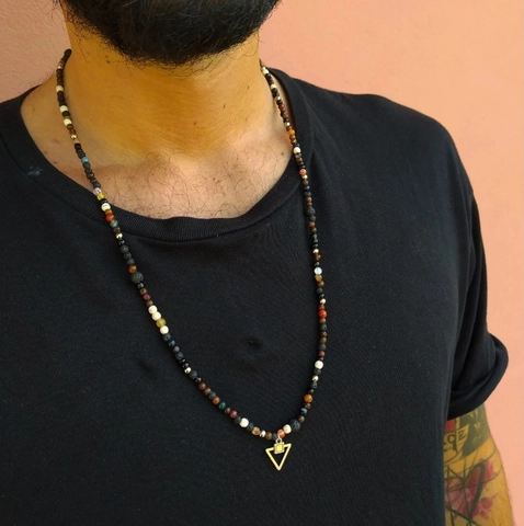 Vintage Ethnic Multicolor Beaded Necklace Handmade Lava Stone Glass Bead Long Necklace Alloy Triangle Pendant Jewelry For Men Women